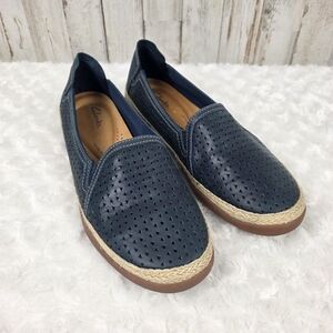 Clarks Elaina Ruby Navy Blue Espadrille Leather Loafers Size 8